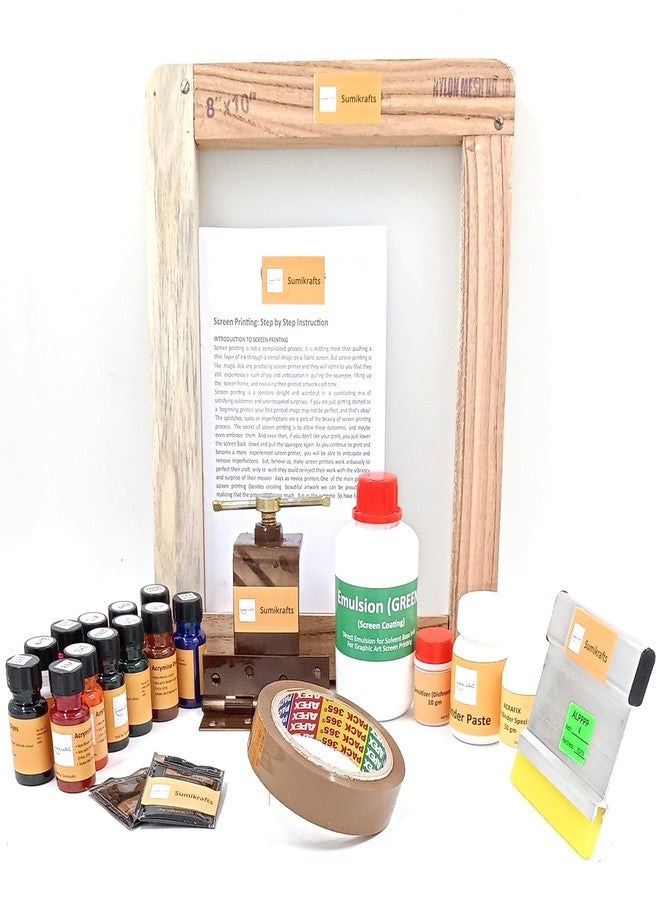 sumikrafts Screen Printing kit for Beginners: 12 Assorted Pigment Dyes+ Single Hinge(Table clamp)+Wooden Frame Small 8"x10" pre Stretched mesh no 16-for Graphic Arts Screen Printing - Image 1